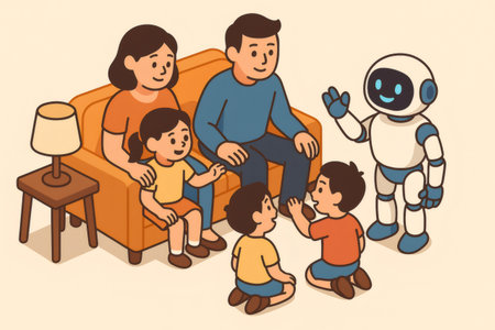 Family with parents and children sitting on a sofa and floor, engaging with a friendly domestic robotの素材