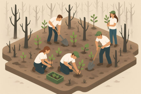Group of people collaborating, planting saplings in a deforested area, rejuvenating the environment after disasterの素材