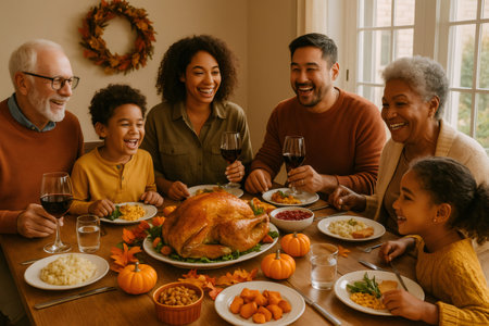 Multi generational diverse family gathered around table, eating Thanksgiving dinner, laughing and celebrating together at homeの素材