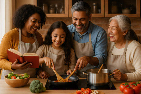 Happy four person family making a meal at home. Generations bonding over shared culinary activities and recipesの素材