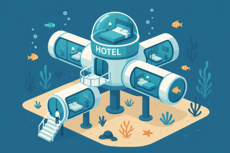 Futuristic underwater hotel structure offering unique accommodation with transparent viewing windows into the ocean, providing a distinct travel experienceの素材