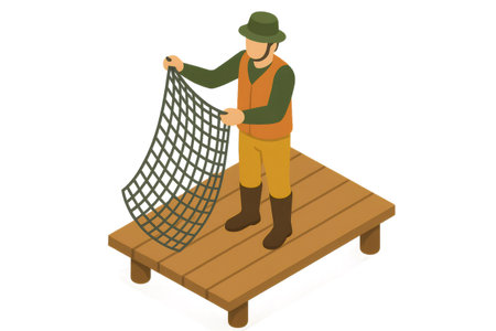 Fisherman holding a fishing net while standing on a wooden pier, representing angling, hobby, and outdoor activityの素材
