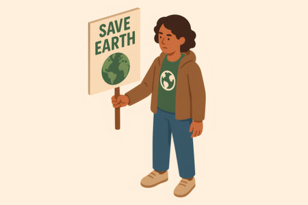 Young person raising a save earth sign, campaigning for environmental protection and climate change awarenessの素材