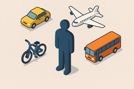 Person icon surrounded by car, bicycle, airplane, and bus, representing choices in personal mobility and travel methodsの素材