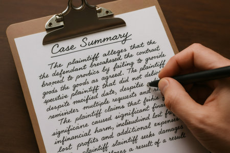Person writing legal case summary details on a document, illustrating law, justice, contract, and dispute resolution conceptsの素材