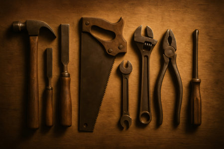 Various essential hand tools arranged on a wooden surface, highlighting concepts of home improvement and skilled workの素材