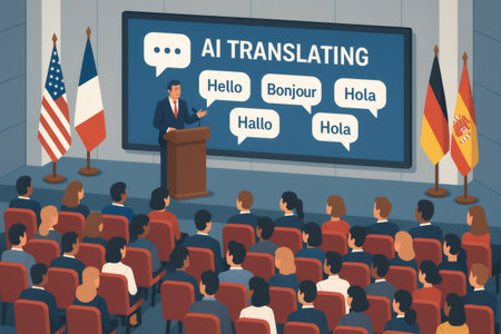 Speaker giving a talk on artificial intelligence translating languages for a diverse audience at a global event, promoting cross cultural communicationの素材