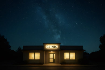 Clinic facade glowing at night, symbolizing healthcare availability and emergency medical service under a dark, star filled skyの素材