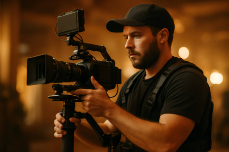 Filmmaker operating professional video camera with a shoulder rig, capturing footage on a film set. Focus, skill, and creative workの素材