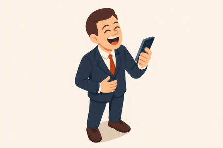 Happy businessman in suit laughing out loud while holding and looking at a mobile phone. Concept of success and good newsの素材