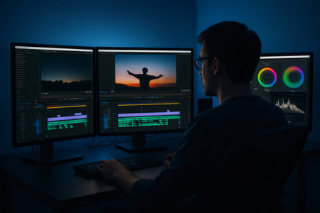 Man creating new content, editing video on multiple monitors in a dark room. Focusing on post production workの素材