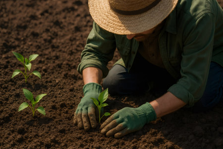 Person with straw hat and gloves carefully planting a small vegetable seedling in fertile brown earth, nurturing new growthの素材