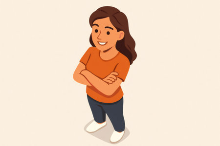 Confident young woman standing with arms crossed, smiling and looking up, an isometric illustration expressing empowerment and positive attitudeの素材