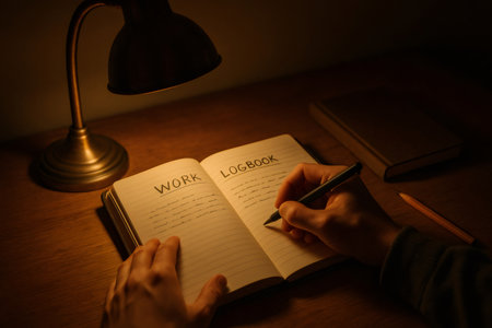 Person writing down daily tasks and reflections in a work logbook under the warm light of a desk lamp during nighttimeの素材