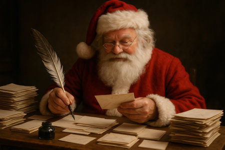 Santa Claus intently reading and sorting children's wish letters at his wooden desk, preparing for the upcoming Christmas holidayの素材