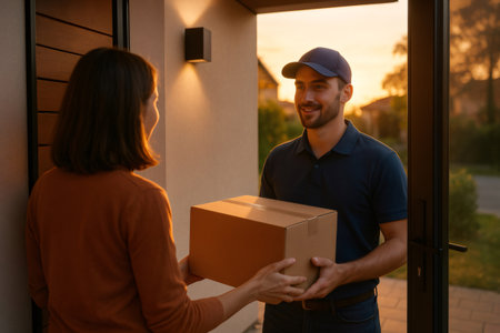 Courier delivering cardboard box to a happy woman at her home during golden hour, emphasizing convenience and serviceの素材