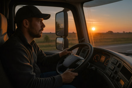 Professional truck driver operating heavy vehicle, navigating highway at dawn, symbolizing hard work, journey, and transportation logisticsの素材