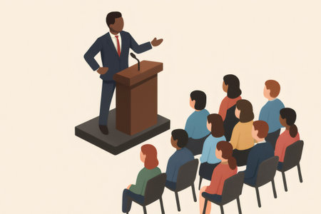 African American leader delivering a speech from a podium to a diverse audience in an isometric illustration setupの素材