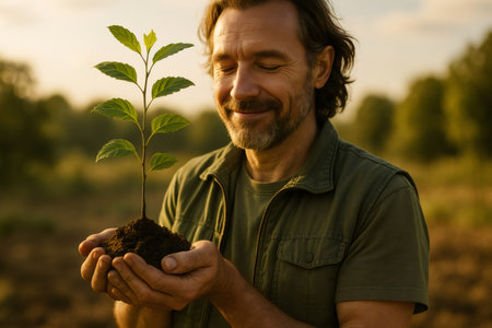 Man tenderly holding a small green plant with soil, smiling with closed eyes, symbolizing care for new life and future sustainabilityの素材