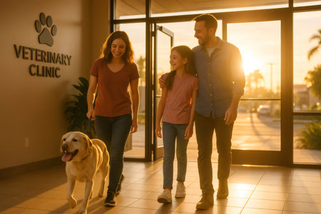 Happy family walking out of a veterinary clinic with their healthy golden labrador dog bathed in warm golden lightの素材