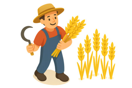 Farmer showing harvested wheat, holding a sickle, standing in a field of ripe grain. Agriculture and food production conceptの素材