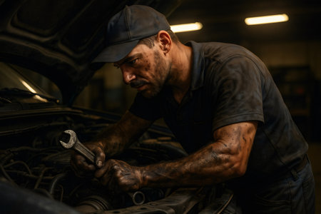Experienced mechanic concentrating on car engine repair, hands and face covered in grease and oil, representing hard work and dedicationの素材