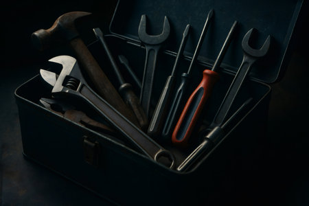 Metal toolbox holding various tools, including wrenches, screwdrivers, hammer, and pliers, representing repair and DIYの素材