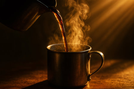 Pouring dark hot coffee into a metal mug, creating rising steam illuminated by warm golden light on a wooden surfaceの素材