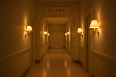 Long, silent CLINIC hallway with several doors and warm sconce lighting creating a calm atmosphere, focusing on health and careの素材