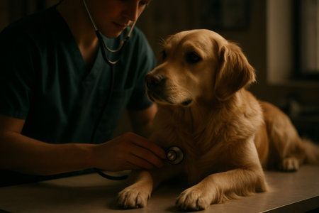 Veterinarian performing a routine checkup on a golden retriever dog using a stethoscope, focusing on pet health and wellnessの素材