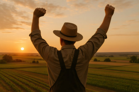 Farmer raises hands in triumph at sunrise over golden rural fields, symbolizing success, hope and connection with natureの素材