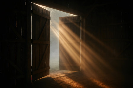 Warm sunlight rays illuminating a dusty dark barn interior through wide open wooden doors, showing a path to the outsideの素材