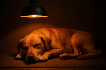 Brown domestic dog napping soundly in soft light, feeling warmth and comfort in a peaceful home conceptの素材