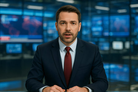 Professional male presenter delivering the latest news and information from a modern television newsroom studioの素材