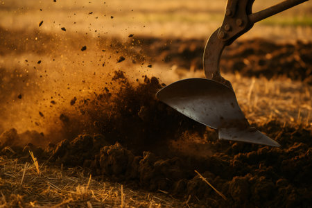 Plow cultivating fertile soil, turning earth in field preparing ground for new crop at sunset, creating a dynamic actionの素材