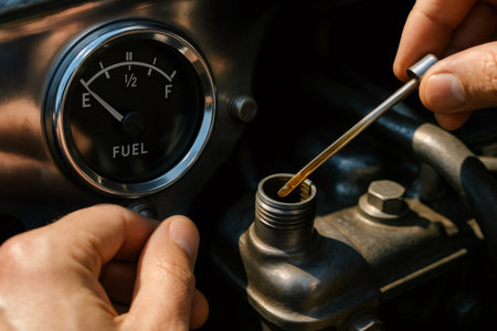 Driver checking engine oil with dipstick while low fuel warning shows on the dashboard of a vintage car during roadside inspectionの素材
