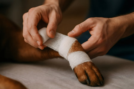 Person carefully applying a white gauze bandage to a dog's injured paw, representing pet care and veterinary treatmentの素材