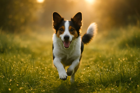 Energetic dog running and smiling in a golden field during early morning light, expressing joy and freedomの素材