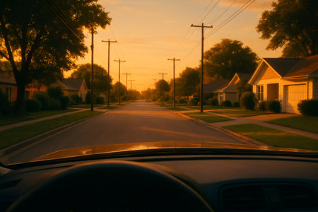 Car's perspective driving on a residential road lined with houses and trees, bathed in the warm glow of sunsetの素材