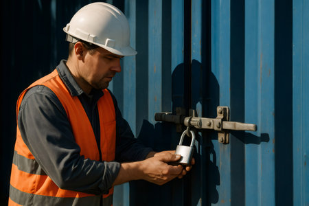 Worker in safety vest and hard hat locking a blue shipping container, ensuring cargo security and logisticsの素材