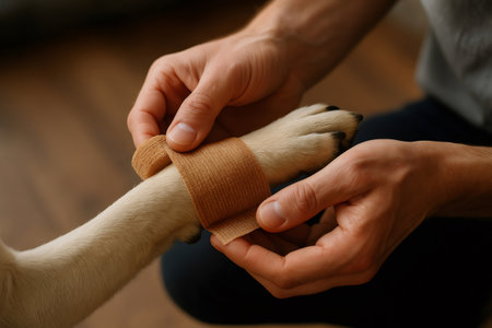 Human hands carefully wrapping a protective bandage around a dog's leg, providing first aid and veterinary careの素材