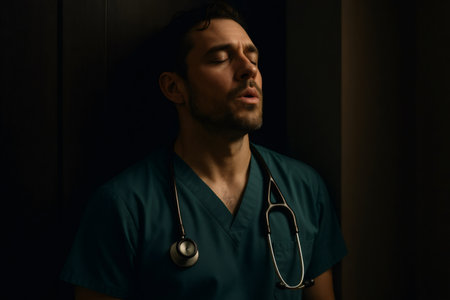 Tired healthcare worker wearing scrubs and stethoscope, leaning against a dark wall, taking a moment of relaxationの素材