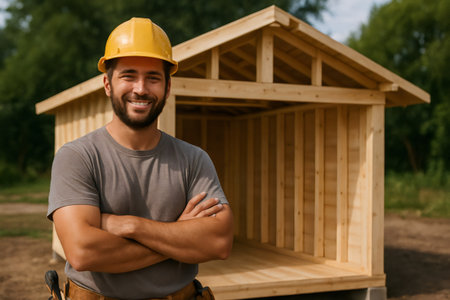 Confident construction worker in a hard hat smiling, standing with arms crossed in front of a wooden shed framingの素材
