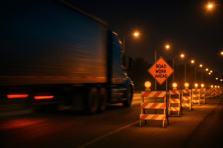 Truck speeding past construction barriers and a road work ahead warning sign on a highway at night, showing motion blurの素材