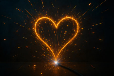 Illuminating heart shape forming from bright welding sparks and light on a dark, textured background, symbolizing passion and connectionの素材