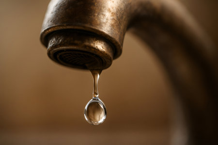 Old brass faucet showing a single drop of water falling, representing water waste, scarcity, and conservation effortsの素材