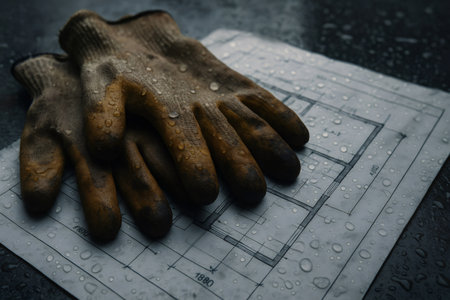 Dirty work gloves wet with raindrops lying on a construction blueprint, illustrating planning and outdoor building challengesの素材