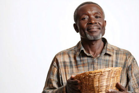 Mature African man holding a small wicker basket with a calm, friendly expression on a white backgroundの素材