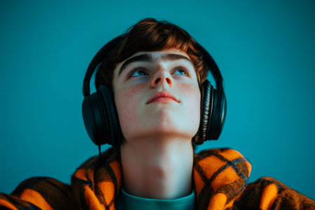 Young person with freckles wearing headphones and a plaid jacket, looking up with a thoughtful expression, enjoying musicの素材