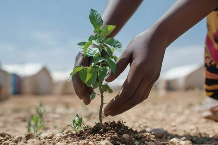 Hands carefully planting a small green tree in dry, rocky soil, with temporary shelter tents in the backgroundの素材